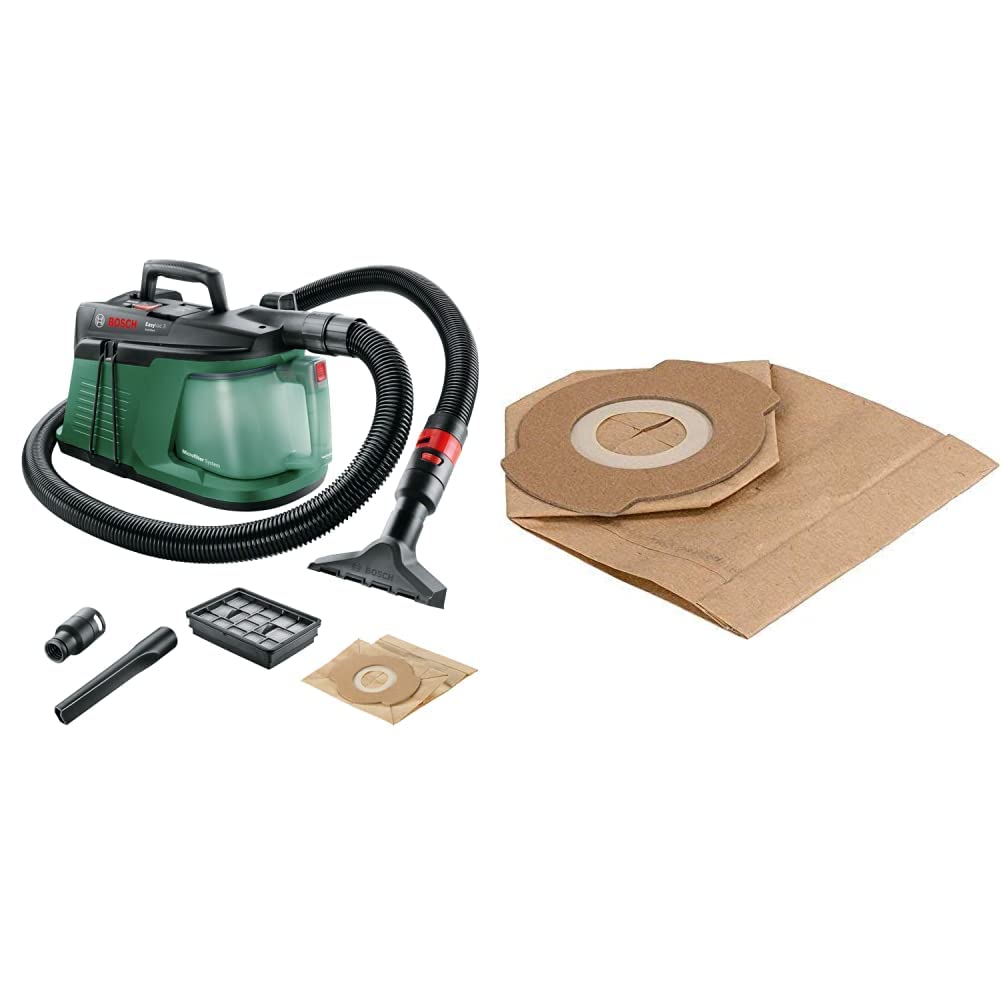 Bosch Handstaubsauger EasyVac 3 (700 Watt, 3 L Staubbehälterkapazität, im Karton) + Bosch 5x Papierfilterbeutel (Zubehör für Staubsauger EasyVac 3)
