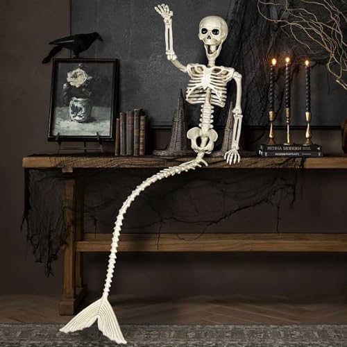BEABOO 1 Pack 52 Inches Mermaid Halloween Skeleton Pose-N-Stay Posable Movable Joints Hanging for Halloween Decoration Decor Spooky Scene Party Favors