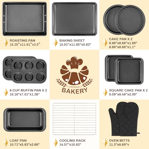 Gymdin 12PCS Nonstick Bakeware Set, Non-Toxic Carbon Steel Baking Pans Set with Wider Grip, Includes Roasting Pan, Cookie Sheet, Cake Pans, Muffin Pans, Cooling Rack, Oven Mitts, Easy Release