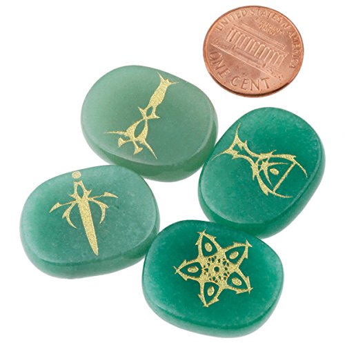 mookaitedecor 4 Piece Green Aventurine Stones Engraved Tarot Symbols