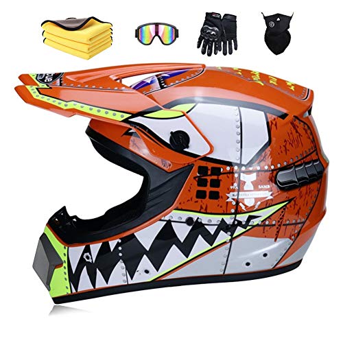 Wbeiba Casque De Motocross MX Pour Enfants Casque De Moto ATV Casque D. O. T Certified Casque De Requin Multicolor Avec Lunettes Gants (Orange,S:52-56cm)