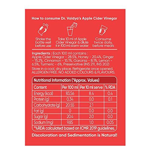 Image of Dr. Vaidya Apple Cider Vinegar Juice | Natural ACV Juice for Weight Loss & Detox | Aids Digestion & Gut Health | Metabolism Booster | ACV Detox Drink Fat Burner for Men & Women | 450ml, Pack of 3