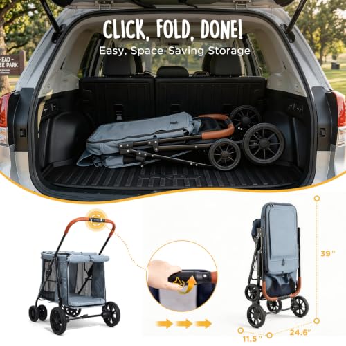 Image of CANINE CANYON Scout Pet Stroller, Heavy Duty Dog Stroller for Large & Medium Dogs, Foldable Pet Stroller for 2 Dogs with All-Terrain Wheels, Storage Pocket & Cup Holder, 55 lbs Capacity, Grey