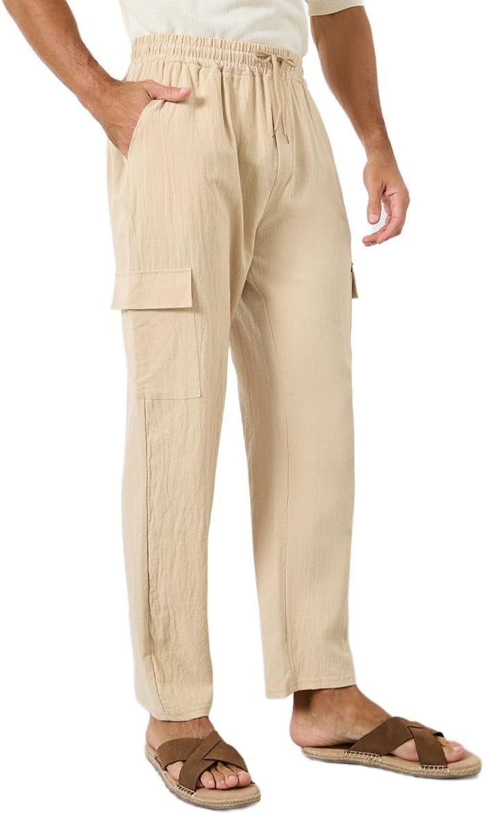 Men Linen Blend Straight Leg Plain Trousers -