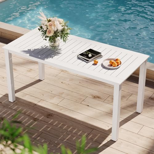 Image of YEFU Outdoor Dining Table for 6: All Weather Rectangular Patio Table with Umbrella Hole and Aluminum Frame - Outdoor Furniture for Outside Backyard /Garden /Pool /Porch /Deck, 300lbs Capacity, White