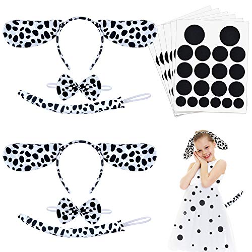 Coopay 6 Pieces Dalmatian Costume Set with Dog Ear Headbands, Bow Tie, Tail and 120 Pieces Black Adhesive Felt Circles for Party Costume