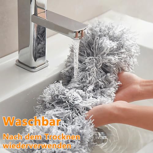 Staubwedel Teleskop Waschbar，Staubwischer lang ausziehbar bis 2,45m，staubwedel mit teleskopstange und Biegbar，Spinnwebenbesen für hohe Decken Deckenventilator spinnenweben Eckbesen Grau