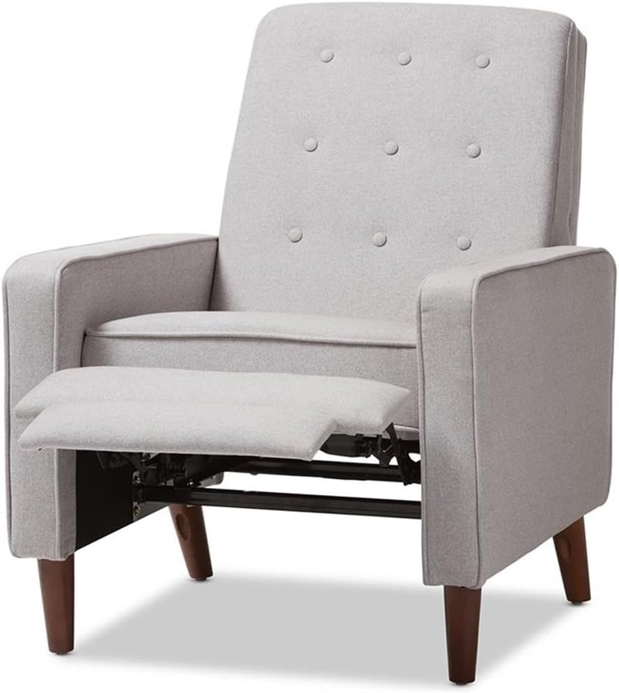 BOWERY HILL Tufted Recliner, Light Gray Fabric Upholstery, Walnut-Finished Eucalyptus Wood Legs, Button-Tufted Mid-Century Design, Reclining Back with Footrest, 37.4" H x 29.53" W x 32.68" D