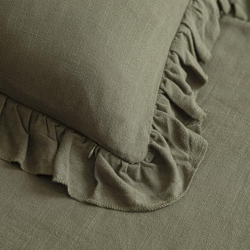 Image of Foindtower Set of 2 Decorative Soild Fringe Ruffle Throw Pillow Covers Soft Boho Farmhouse Cushion Cover Cozy Accent Retro Pillowcase for Couch Sofa Bed Living Room Home Decor,18x18 Inch,Olive Green