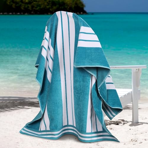 Superior Cotton Cabana Striped Beach Towels, Colorful Towels for Adult, Kid, Pool, Swimming, Sand, Travel, Large Oversized, Absorbent, Fast Drying, Bath Basics, Cabana Collection, 1 Piece, Turquoise - Thumbnail 2