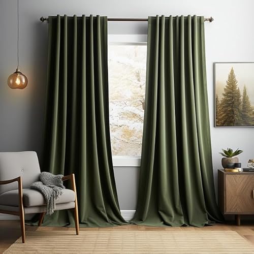 Rosnek Olive Drab Velvet Curtains, 2 Panel Set Pencil Pleat Thermal Insulated Soundproof Blackout Curtain, Soft Elegant Home Decor Velvet Curtain for Bedroom, Living Room (W52'' * H108'')