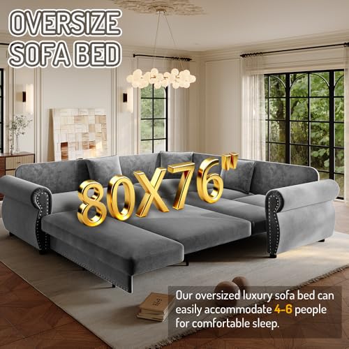 Image of KEIKI 88.2 inch Chesterfield Sleeper Sofa, Chenille Sectional Couch, Light Gray