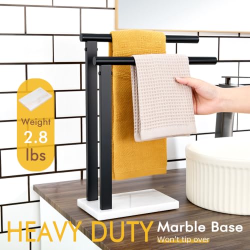 Image of KOKOSIRI Hand Towel Racks Stand Towel Holder 2-Tier with Marble Base for Bathroom Vanity Countertop, Matte Black Stainless Steel 15.7'' Height THS0007-BK