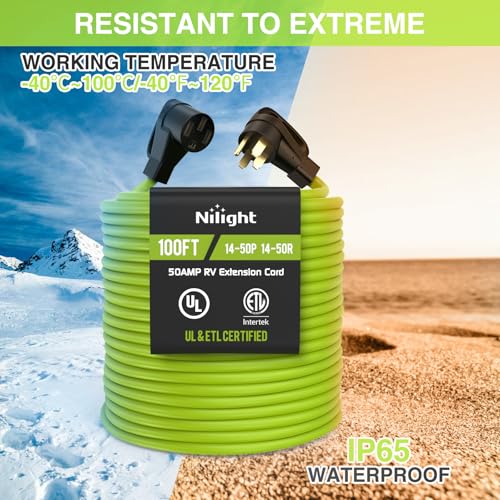 Image of Nilight 100FT 50 Amp RV Extension Cord 250V Heavy Duty 6 /3+8 /1 Gauge Pure Copper STW Wire UL ETL Listed 4 Prong 14-50P 14-50R Weatherproof Suit for EV Trailer Campers Bright Green