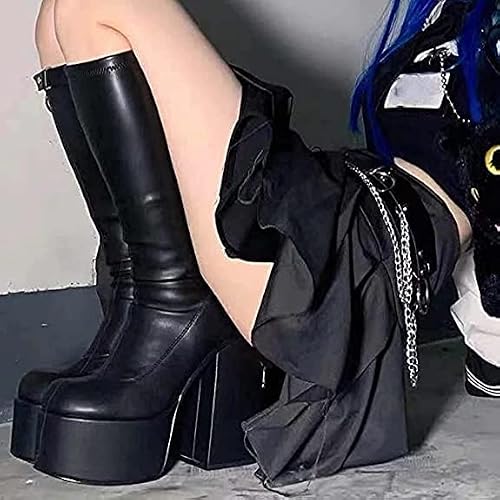 Yiya Black Punk Platform Go Go Boots Mid Calf Knee High Boots For Women Square Toe Chunky High Heel Side Zipper Goth Combat Riding Motorcycle Long Boots #TOP3