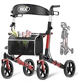 VOCIC Rollator Faltbar und Leicht mit Sitz, Rollatoren Schmal für Wohnung Klappbar Aluminium Gehhilfe für Senioren, wiegt nur 7.8kg, Kaufen Walker Für Alle Terrains, 5 Jahre Support | Dunkelrot