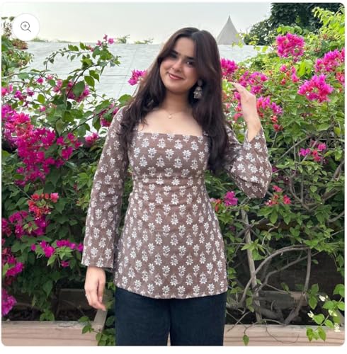 Image of Women's Rayon Printed Short Kurti | Straight Fit Casual Ethnic Top | Square Neck Full Sleeve Ladies Kurti Office College