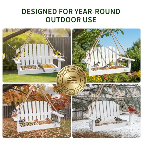 Solution4Patio White Swing Bird Feeder, Squirrel-Proof Metal Mesh Tray with Bench Design, High-Capacity Rust-Resistant Hanging Bird Feeder for Porch & Yard Décor – Easy Fill & Clean