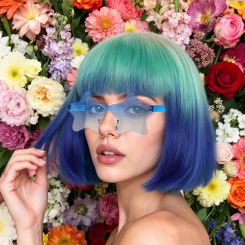 Image of ANOGOL Hair Cap + (Sunglasses) Teal to Blue Bob Wig with Bangs Womens Party Wigs with Star-Shaped Glasses Short Neon Wig Daily Party Fun Wigs Women Halloween Costume Bachelorette Hair