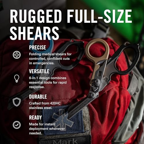 Image of LEATHERMAN, Raptor Rescue, 6-in-1 Heavy-Duty Emergency /Trauma Shears with Carbide Glass Breaker & Strap Cutter, Made in the USA, Utility Holster Included, Coyote Tan /Black, With Utility Holster