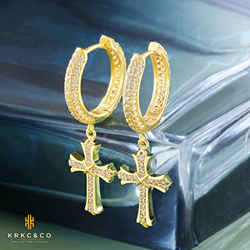 Krkc&Co Gold Hoop Earrings For Men, Sterling Silver Cross Earrings, Dangle Earrings, Hypoallergenic Urban Street-Wear 15Mm Round Gold Hoop Hinged Hanging Earrings #TOP22