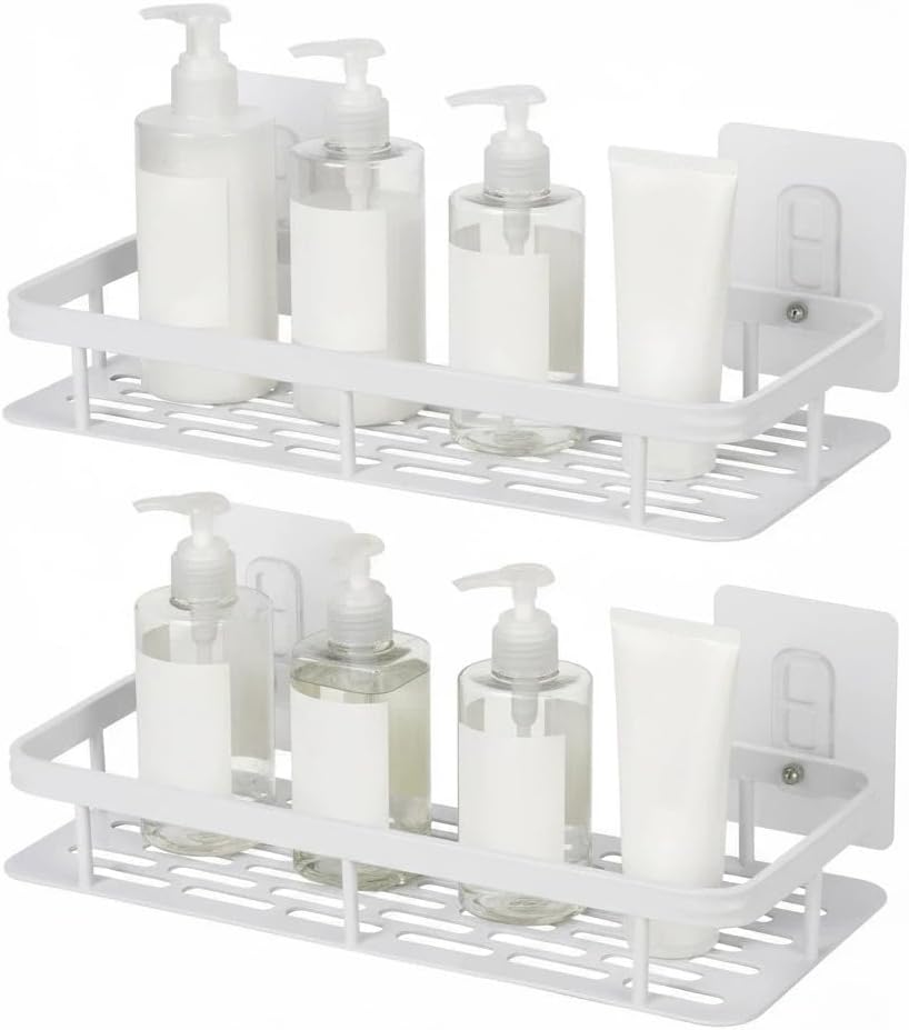 Set of 2 Bathroom Storage Rack Kitchen Organizer Bathroom Rack Washing Machine Refrigerator Side Kitchen Condiment Storage Shower Caddy Wall Hanging Shelf Adhesive Soap Bath Shower Rack White