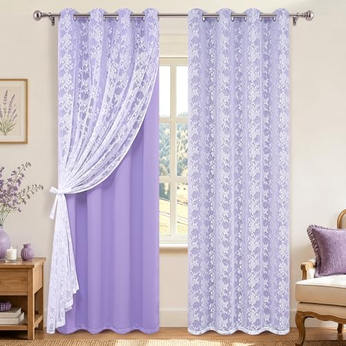 Image of Yinhua Purple Curtains for Girls Room Double Layer Blackout Curtains for Bedroom 84 Inches Long Nursery Curtain for Living Room, Grommet Drapes with Tiebacks, 52 inch W x 84 inch L