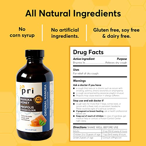 Pri Natural Dry Cough Syrup With Manuka Honey, Propolis, Tea Tree Oil And Vitamin C - Sore Throat & Immune Support, Original Flavor, 8Oz #TOP4