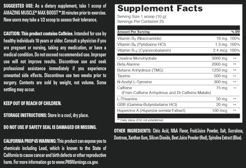 Image of Amazing Muscle Max Boost | 25 Servings | Intense Pre-Workout Supplement for Men & Women | Contains Creatine Monohydrate, Caffeine, Beta-Alanine, Betaine (25 Servings, Grape Candy)