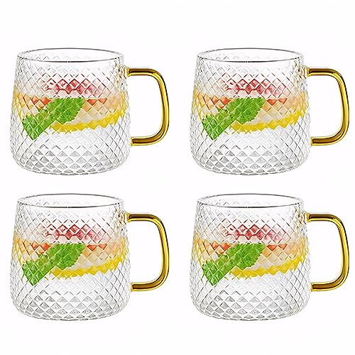 YBCPACK Glass Tea Mugs with Handles Set of 4, 10oz/320ml Clear Glass Coffee Cups for Hot and Iced Drinks, Tea, Water, Latte, Coffee, Juice