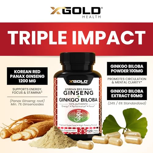 X Gold Health Korean Red Panax Ginseng + Ginkgo Biloba – 7% Ginsenosides Extra Strength – Energy, Memory, Focus & Brain Support – Premium Supplement for Men & Women – Non-GMO, 120 Vegan Capsules - Image 4