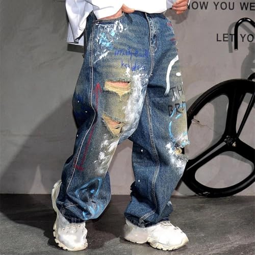 Men’S Hip Hop Graffiti Baggy Ripped Skateboard Jeans Slim Fit Button Fly Midweight Distressed Full Length Trendy Wear Pants2