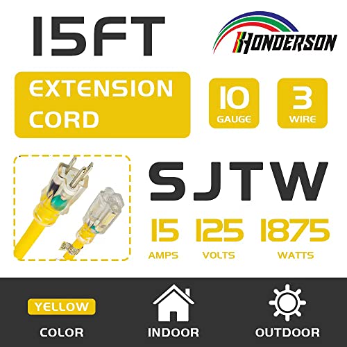 Honderson 15Ft Lighted Outdoor Extension Cord - 10/3 Sjtw Heavy Duty Yellow Extension Cable With 3 Prong Grounded Plug For Safety,Ul Listed #TOP1