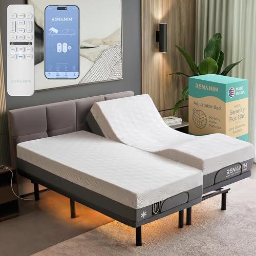 Renanim SFE Adjustable Bed with Mattress & Massage, Split King Adjustable Bed Frame + Medium Mattress - Cooling Gel Memory Foam Mattres, USB, UnderBed Light, Wireless Remote