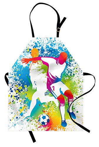 ABAKUHAUS Jugend Kochschürze, Fußball-Spieler mit Einem Fußball und bunten Grunge spritzt Wettbewerb Sport, Farbfest Höhenverstellbar Waschbar Klarer Digitaldruck, Mehrfarbig., 16.95