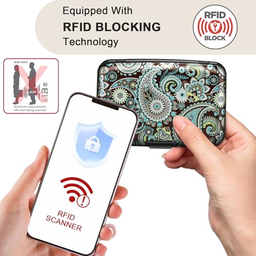 Image of ELFISH Mini RFID Aluminum Wallet Credit Cards Holder Business Card Case Metal ID Case for Men Women (Blue flower)