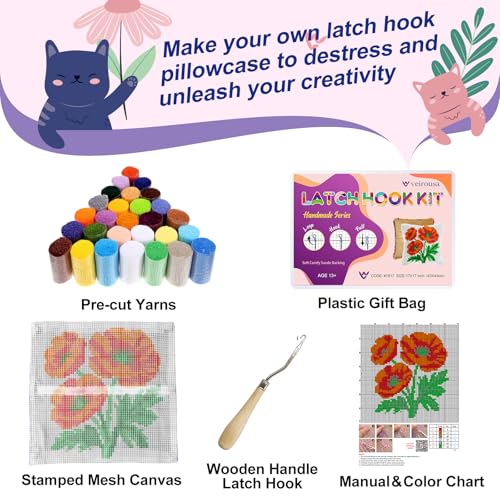 Image of veirousa Poppy Flower Latch Hook Kits for Adults Beginners - Latch Hook Pillow Kit Pre-Printed Mesh Latch Hook Rug Kits Craft Cushion Set for Home Sofa Decoration 17x17 in. DIY Gift