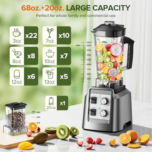 Blender, 68Oz. Countertop Blenders with 20Oz. Grinder, 28000 RPM Kitchen Blender for Smoothies, Ice Crushing, Frozen Fruits, Self-Cleaning, Speed Adjustable image 4