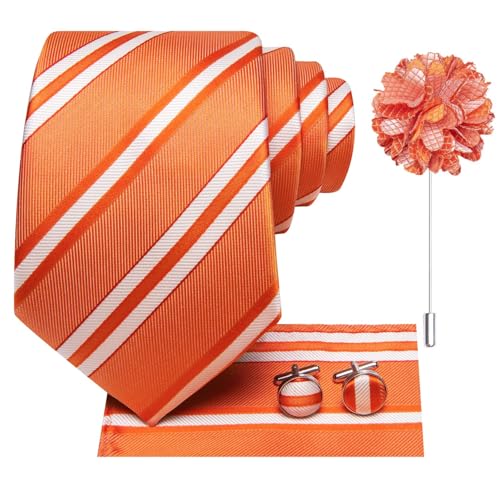 Image of Dubulle Mens Tie and Lapel Pin Paisley White Orange Striped Floral Necktie for Men Pocket Square Cufflinks Wedding Party