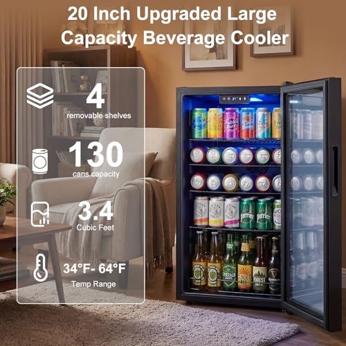 Image of 20 Inch Beverage Refrigerator, Mini Fridge with Glass Door for Soda Beer-130 Can Small Fridge for Home Office Bar, 3.4 Cu.Ft Drink Cooler with Reversible Door, Digital Temperature Control,Black