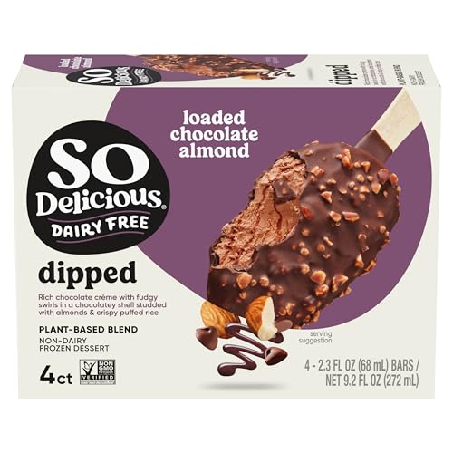 So Delicious Plant Based Blend Frozen Dessert Bars, Loaded Chocolate Almond, Dairy Free, Vegan Dipped Ice Cream Bar Alternative, Non-GMO, Kosher, 4 Count