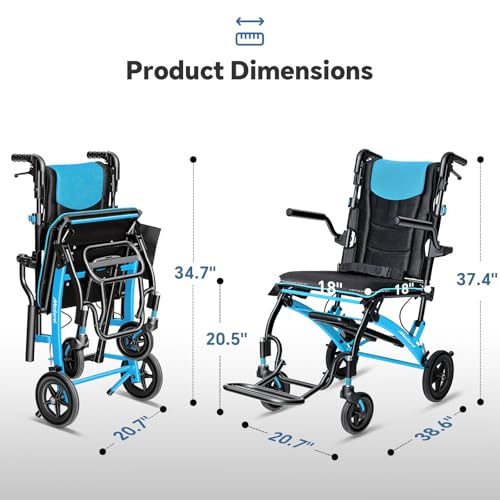 Transport Wheelchairs for Adults Lightweight Foldable Transport Chair with Telescopic Handle, Portable Folding Travel Transfer Wheel Chairs for Seniors