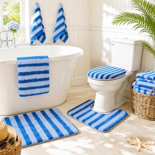 Whaline 6 Piece Summer Blue Striped Bathroom Accessories Set