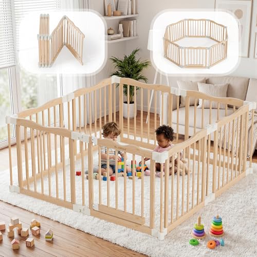 Image of Foldable Wooden Playpen - Adjustable Wood Baby Play Yard with Child-Proof Lock, Indoor Large Safety Fence for Babies and Toddlers - Easy Assembly, 55 x 55 x 24 inches, Nature Nest