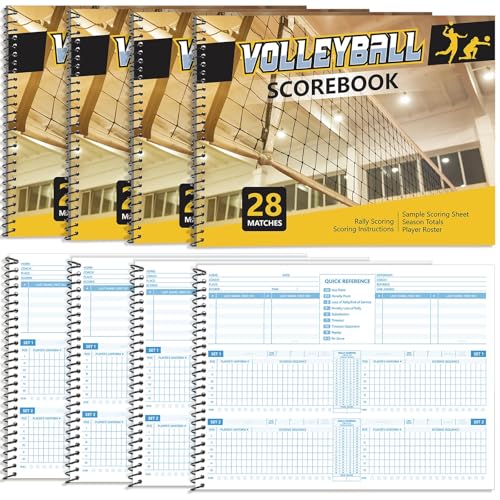 Fuyoooo 4 Pieces Volleyball Scorebook 28 Match Spiral Sport Stats Keeping Book with Season Totals and Team Roster Sheet Volleyball competition Score Record Book for Coaches Youth Adult training Supply