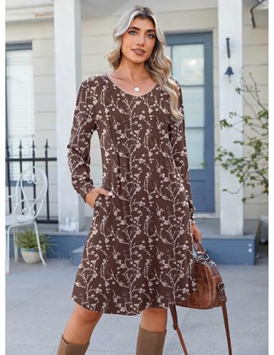 Zeagoo Fall Dresses for Women Long Sleeve Casual Pleated V Neck Dress 2025 A Line Tunic Dress2