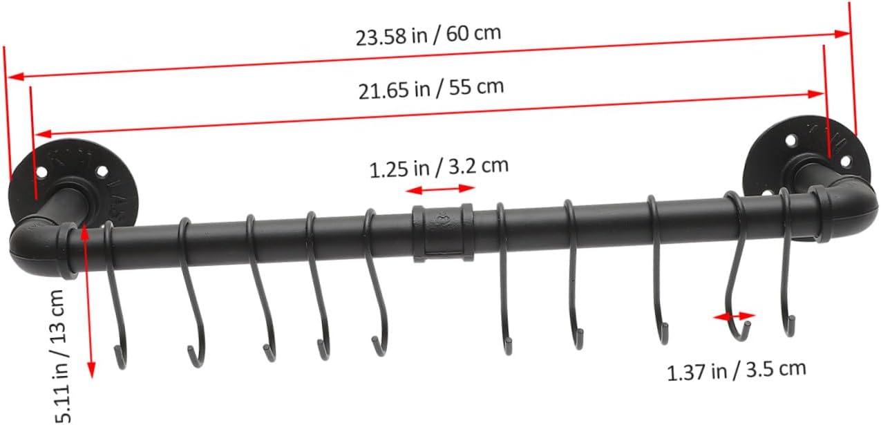 Luxshiny Wall-mounted Pot and Pan Organizer Rack 13x60cm Industrial Pipe Kitchen Hanging Rack with Hooks for Utensils and Cookware Storage