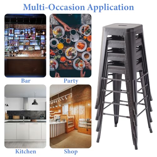 Butaco metálico apilable sin respaldo, sillas para barra y comedor, juego de 4 unidades (negro, altura 30 pulgadas) miniatura 4