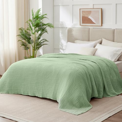 Image of 100% Cotton Muslin Blanket Queen 90 inch x 90 inch, 6 Layers Breathable and Lightweight Cotton Throw Blanket for Bed, Soft Quilt Bedspread Coverlet, Gauze Blanket for Adults All Season, Sage Green