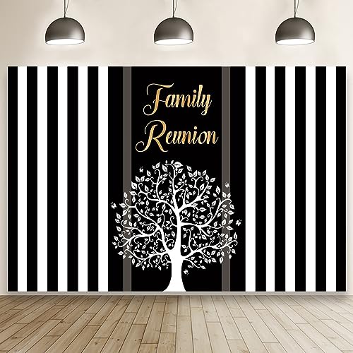10x8ft Family Reunion Large Backdrop Family Tree Leaves Welcome to Our Family Members Black White Stripes Photography Background Gathering Golden Party Decorations Supplies Photo Banner Booth Props